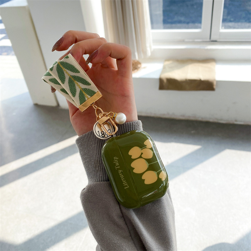 Retro Green Tulip Bluetooth Wireless Earphone Case Pendant Soft Case - Image 2