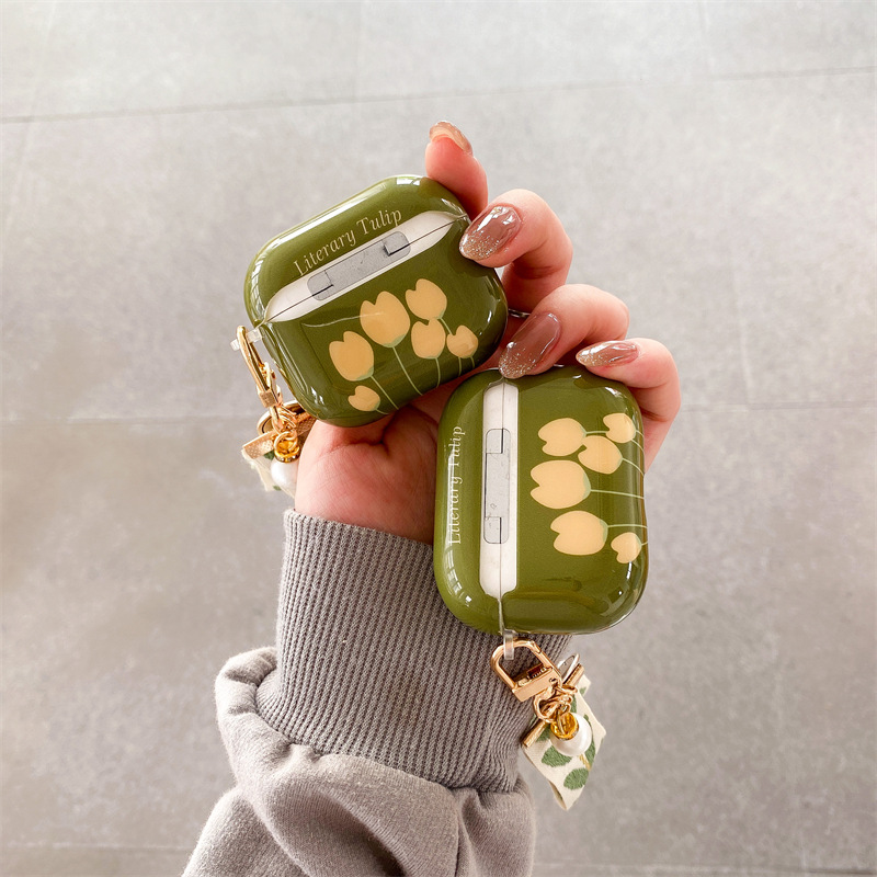 Retro Green Tulip Bluetooth Wireless Earphone Case Pendant Soft Case