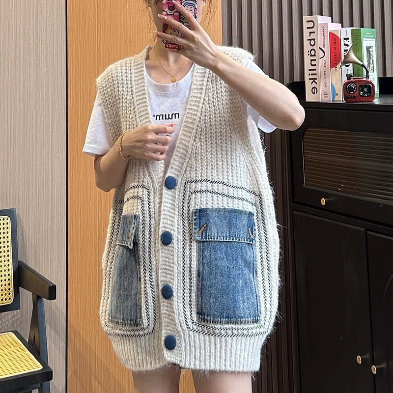 Title 2, Denim Patchwork Knitting Vest Coat Women