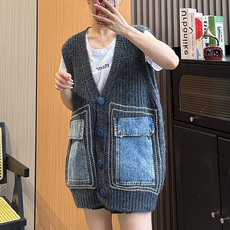 Title 4, Denim Patchwork Knitting Vest Coat Women