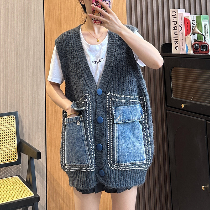 Title 5, Denim Patchwork Knitting Vest Coat Women