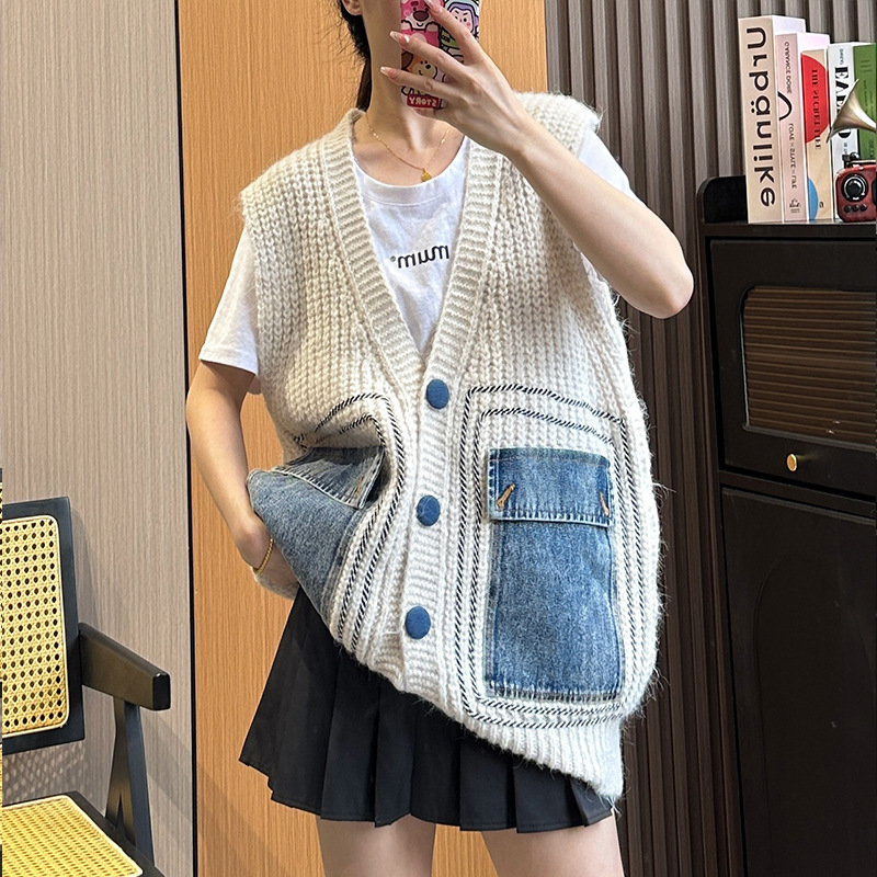 Title 6, Denim Patchwork Knitting Vest Coat Women