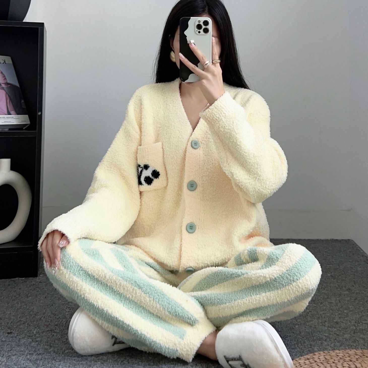 Title 1, Thick Stripes Soft Panda Coral Fleece Home Wear...