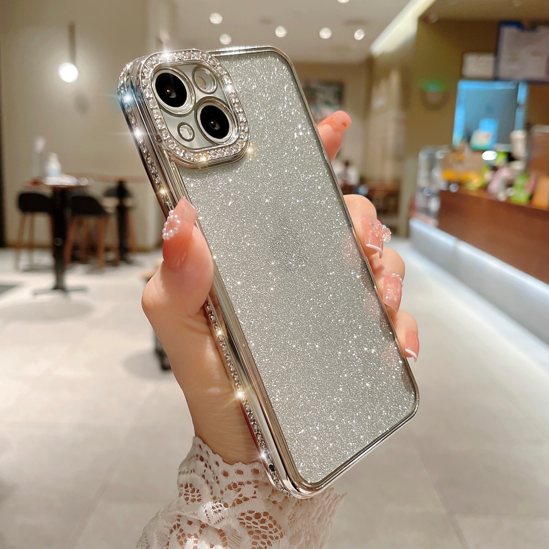 Glitter Rhinestone Electroplated Straight Edge Transparent Drop-resistant Protective Shell - Image 3