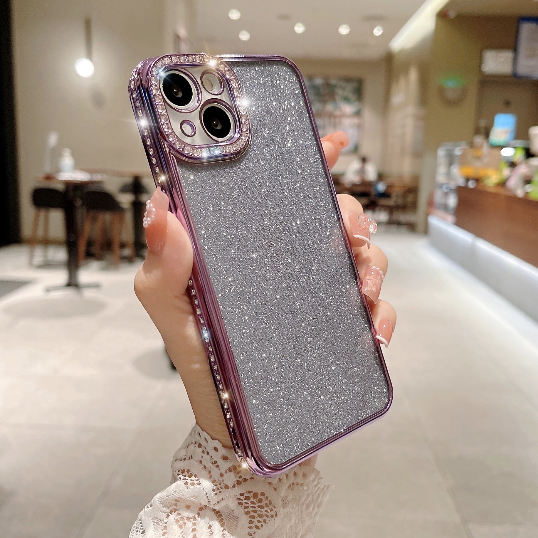Glitter Rhinestone Electroplated Straight Edge Transparent Drop-resistant Protective Shell - Image 5