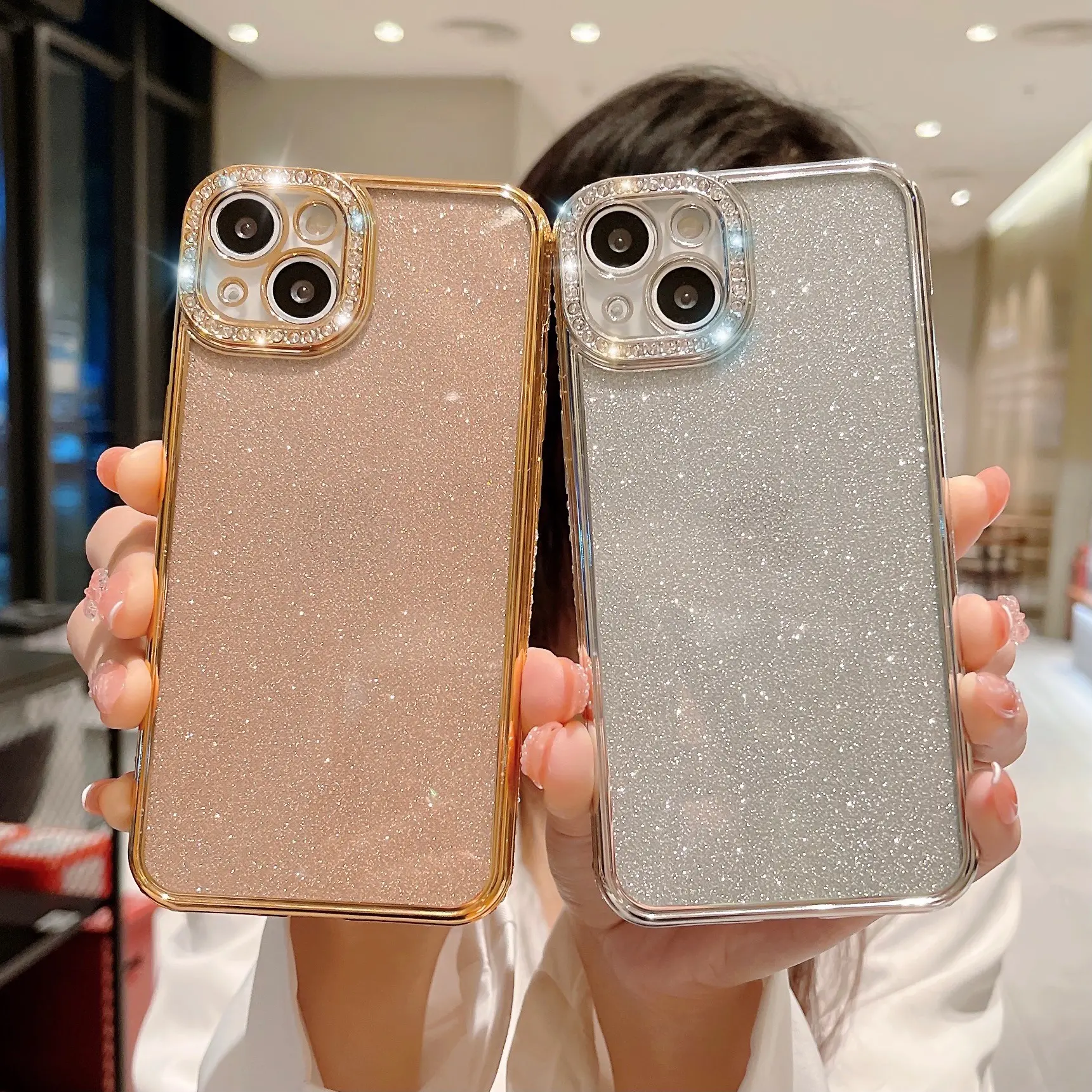 Glitter Rhinestone Electroplated Straight Edge Transparent Drop-resistant