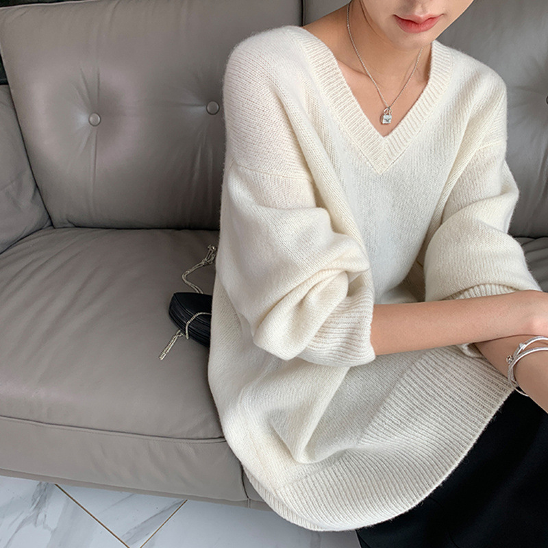 Idle Style V-neck Women's Thick Mid-length Sweater