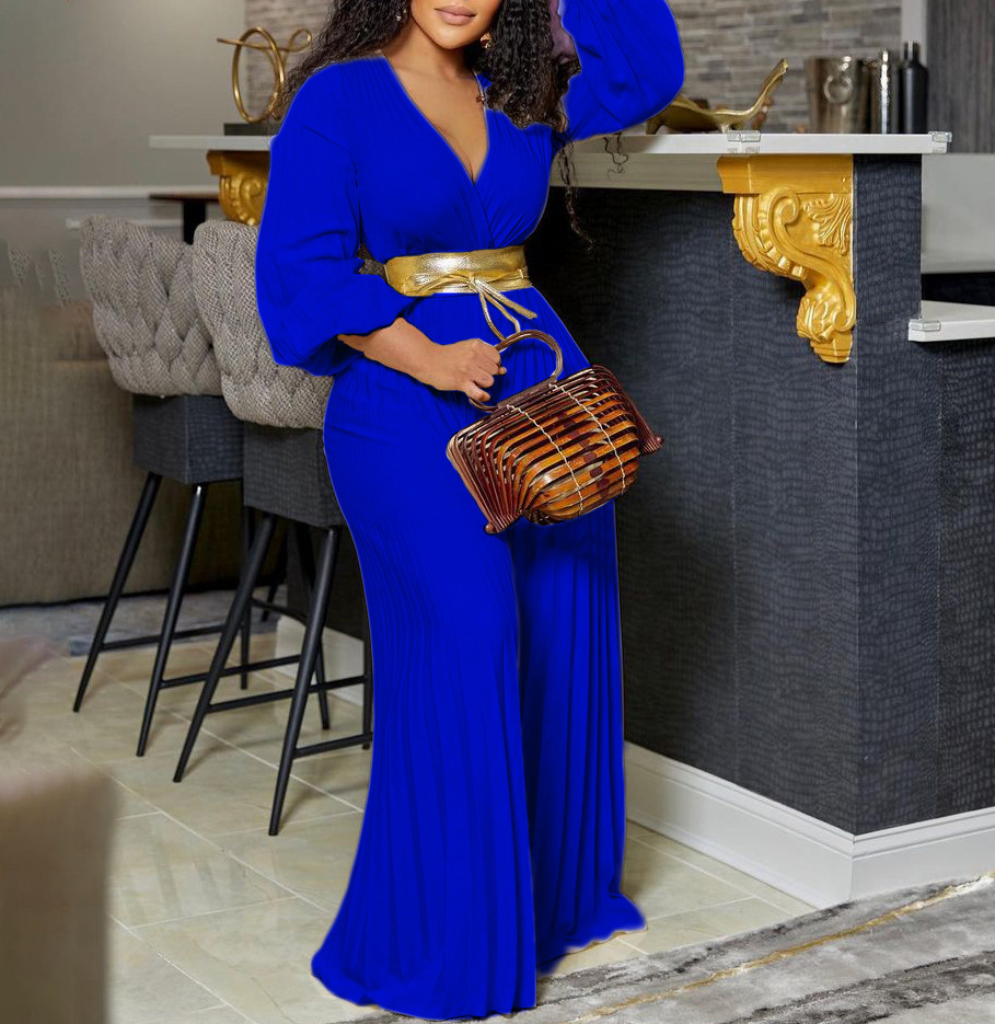 V-neck Lace Up Pleated Wide-leg Plus Size Jumpsuit