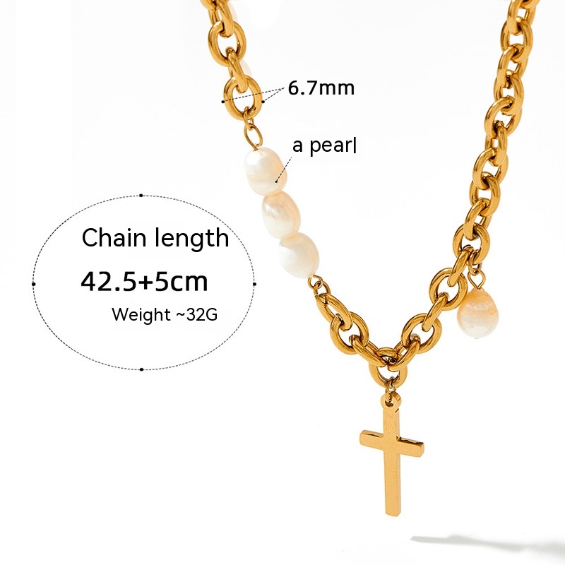 Cross Stitching Pearl Necklace Natural Short Peach Heart Pendant Stainless Steel