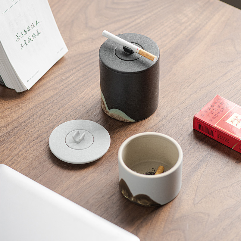 Yuanshan Stoneware Business Office Ashtray With Lid - Image 12