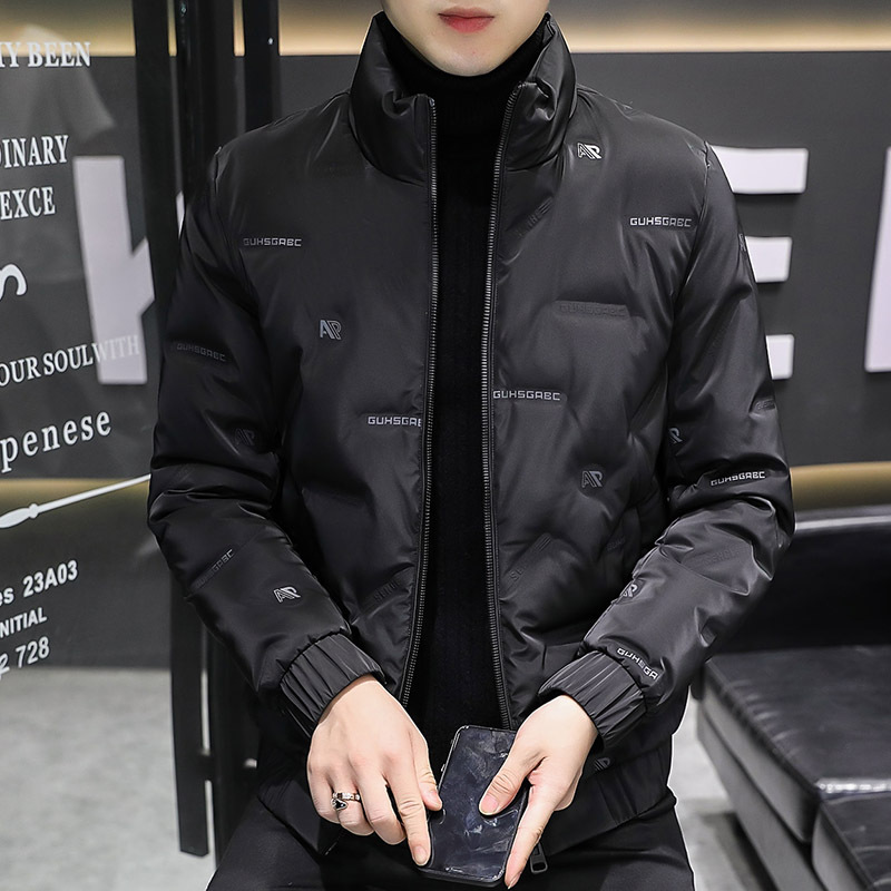 Men’s Down Short Autumn And Winter Stand Collar Trendy Casual Embossed Winter Jacket Solid Color Coat