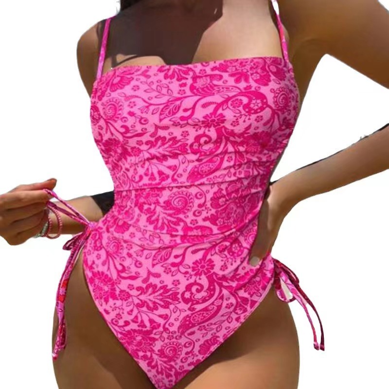 Printed Drawstring Pleated Swimsuit With Shoulder Straps