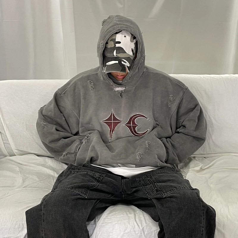 Heavy Washed And Worn Destroyed Casual Hooded Sweater