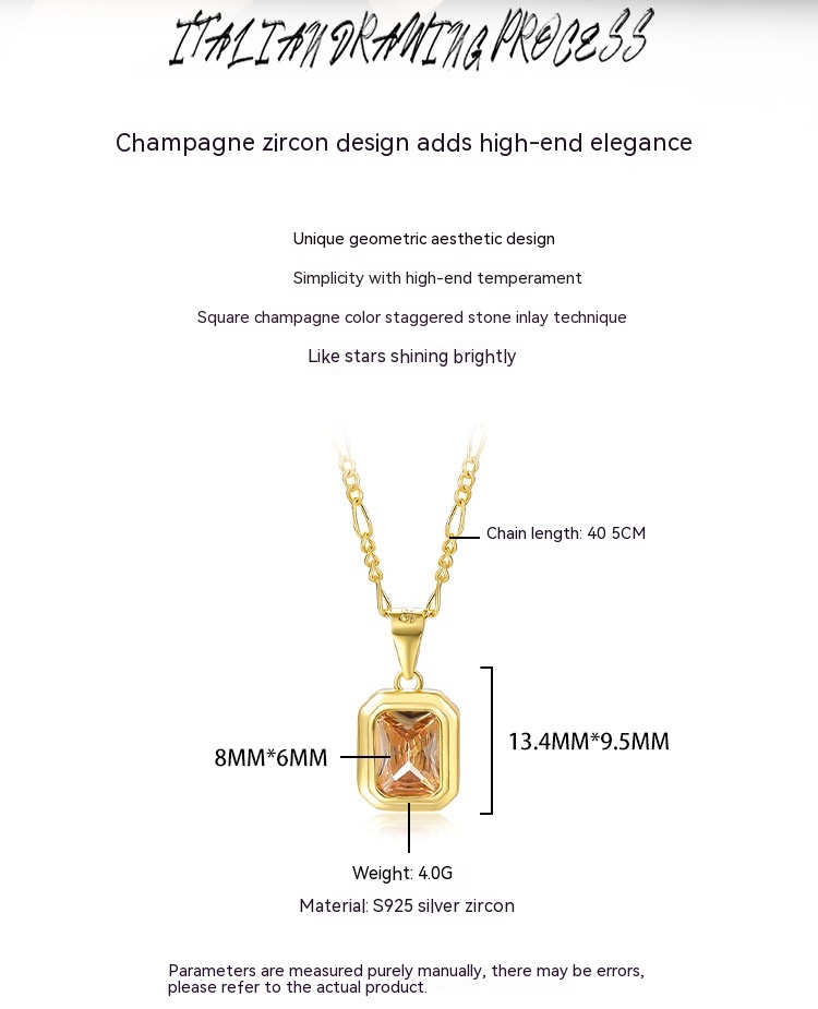 S925 Silver Rectangular Champagne Zircon Niche Advanced Necklace European And American Autumnwinter Sweater Chain