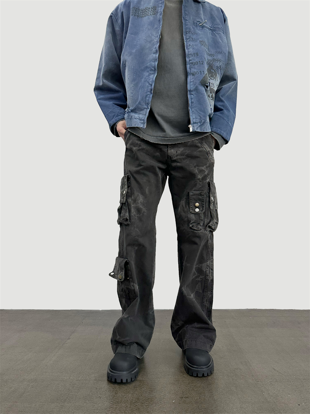 American-style Heavy Cotton Retro Washed Distressed Tie-dyed Multi-pocket Cargo Pants