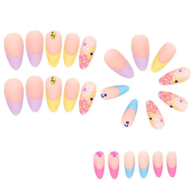 Rainbow Small Flower Wear Drop Shape Pointed Toe Nail Tip Rhinestone Wearable French