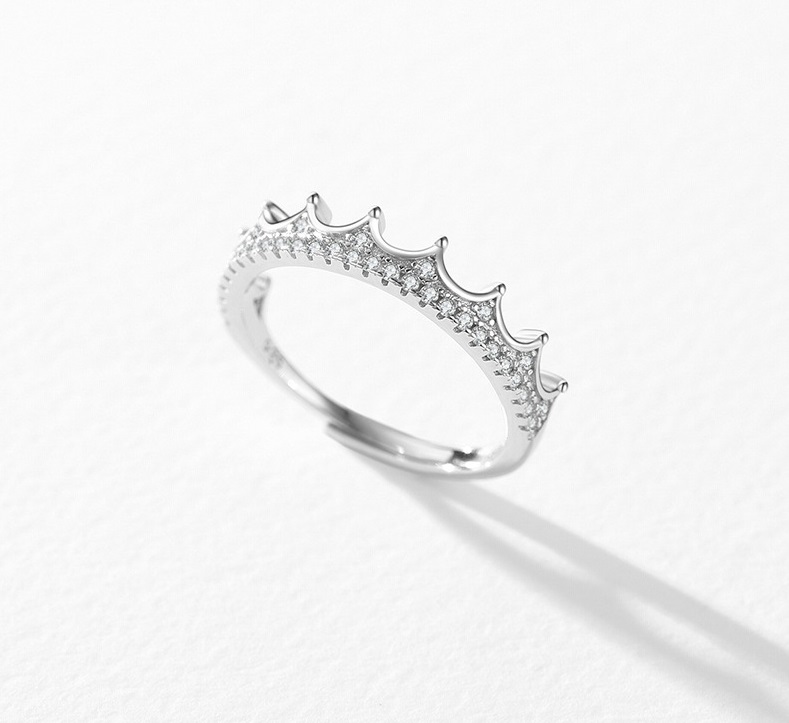 S925 Sterling Silver Micro-inlaid Diamond Crown Simple Fashion Normcore Style Adjustable Ring