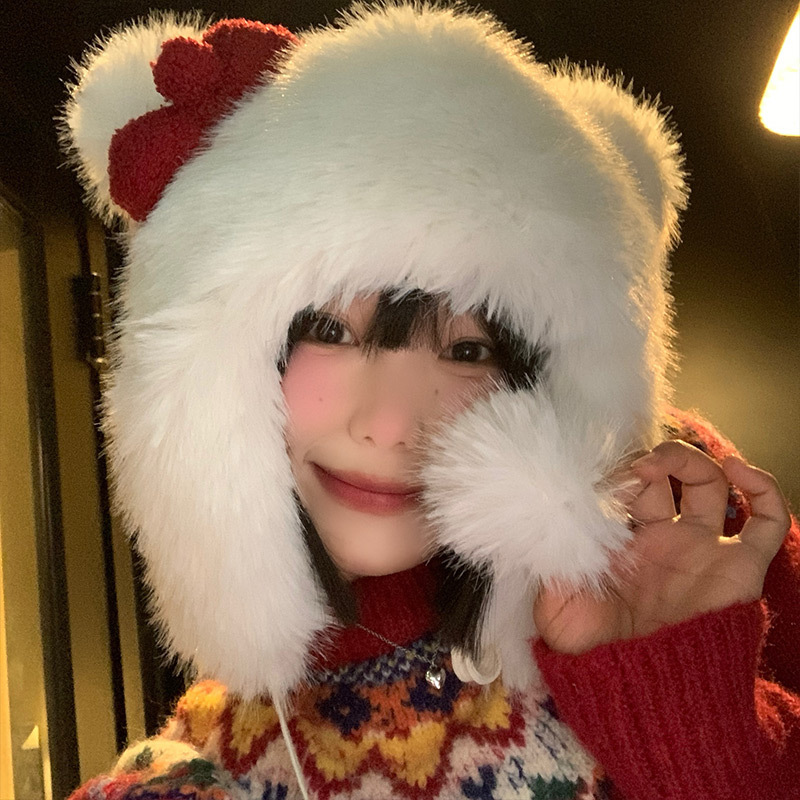 Furry Cute Bow Plush Bonnet Female Earflaps Lei Feng Hat