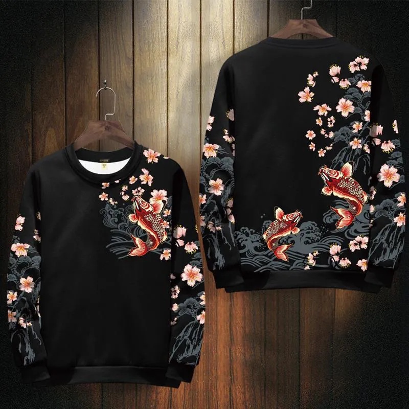 Men's Koi Sweater Round Neck Long Sleeve Retro Hooded Brushed Hoody