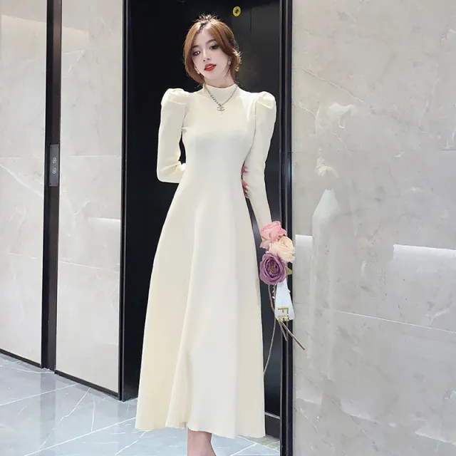 Coat Knitted Dress Women's Bubble Sleeve Apricot - Shop at LoveMi
