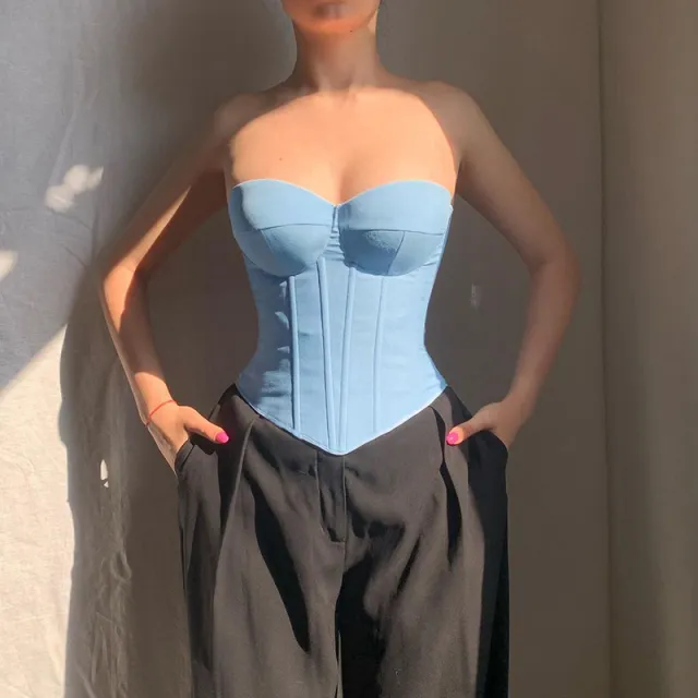 Y2K Denim Tube Vest Top With Back tied Design INS Fashion Crop Corset Tank For Women Clothing Tan - Shop at LoveMi
