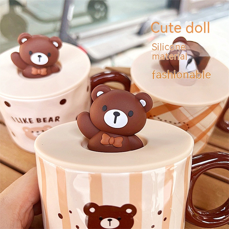 Mug With Lid Couple Little Bear Ceramic Water Cup Girls Creative Breakfast Cup