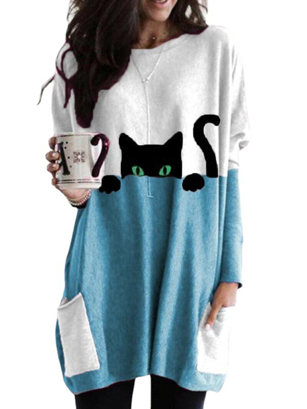 Women's Black Cat Print Round Neck Contrast Color Patchwork Pocket Long Sleeve T-shirt