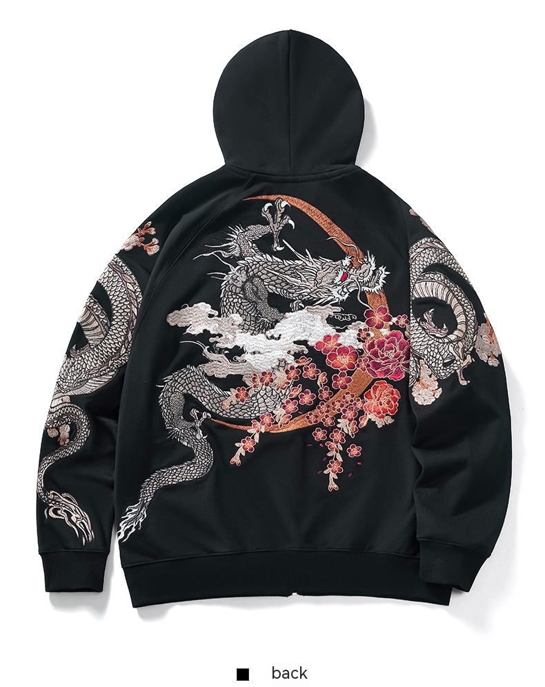 Dragon Embroidery Long Sleeve Hooded Zipper Sweatshirt Baggy Coat Loose