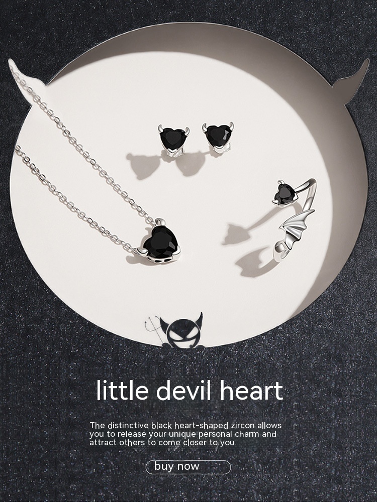Black Heart-shaped Zircon Little Devil Ear Stud And Ring Jewelry