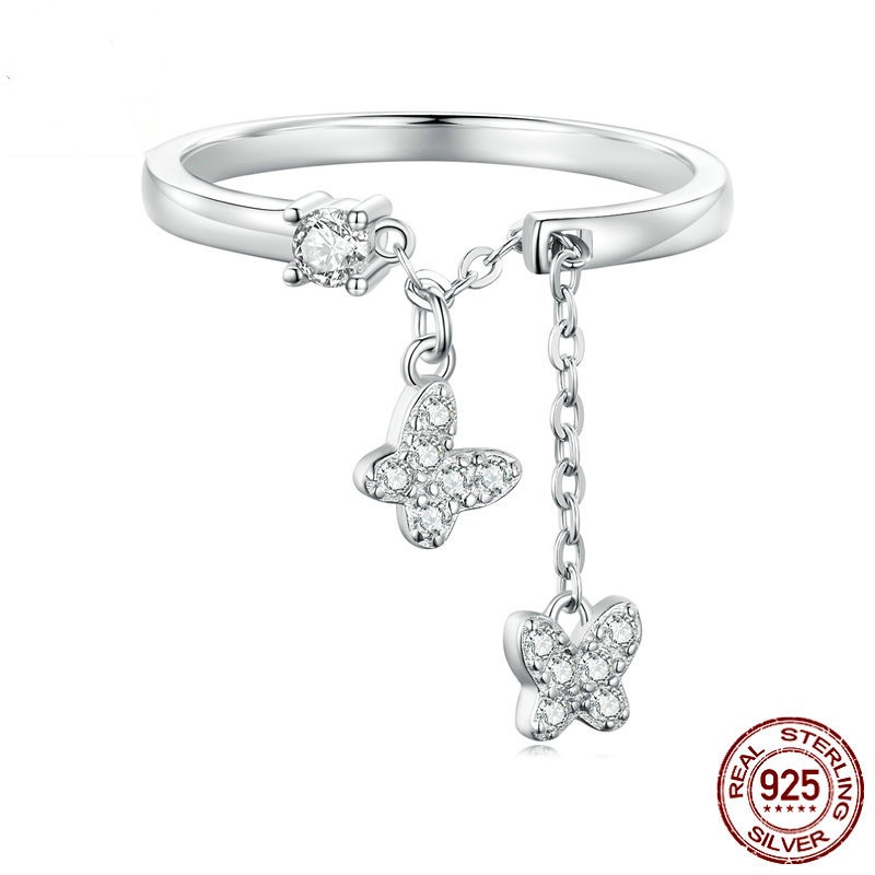 S925 Silver Butterfly Chain Opening Adjustable Ring