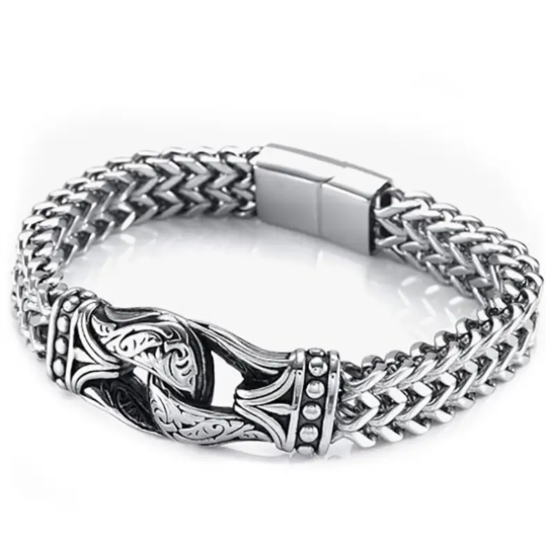 Fashion Titanium Steel Carved Men's Thick Type Double Row Chain Magnetic Buckle Brace Lace Bracelet
