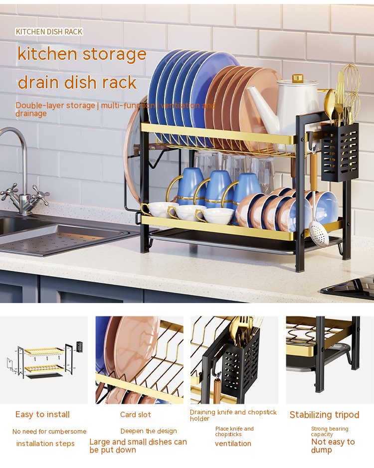 Title 5, Double-Layer Dish Drying Rack for Sink, Tablewa...