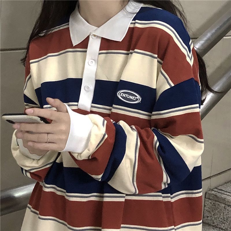 Spring And Autumn Idle Style Striped Loose Collar Sweater