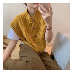 Solid Colour Round Neck Commuter Outer Wear Button Thick Needle Smooth Sleeveless Soft Glutinous Knitted Vest - Yellow - View 1