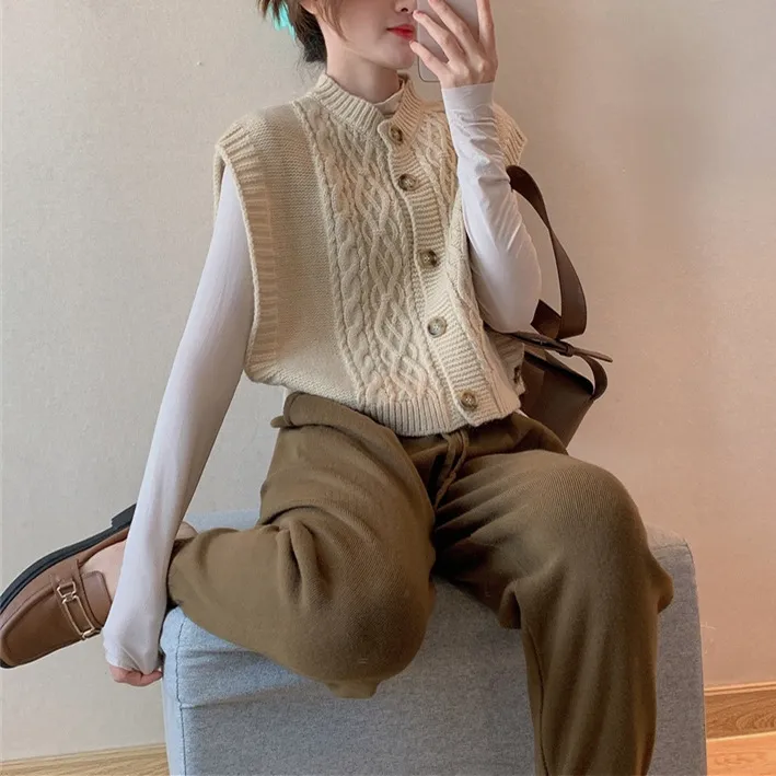 Solid Color Round Neck Commuter Outer Wear Button Thick Needle Smooth Sleeveless Soft Glutinous Knitted Vest - Apricot