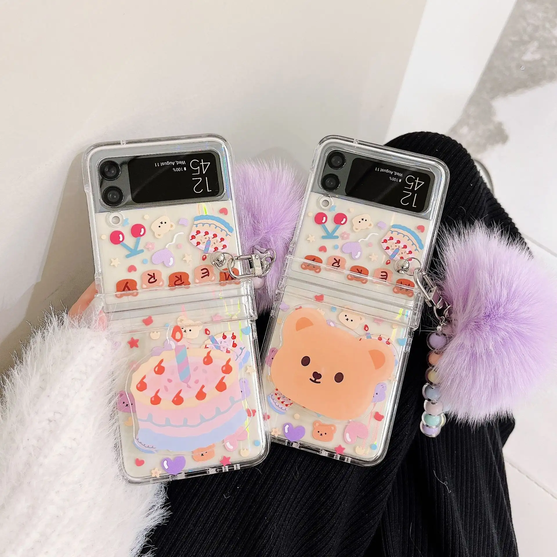 Ins Cartoon Purple Hair Ball Bracelet Folding Mobile Phone Protective Shell