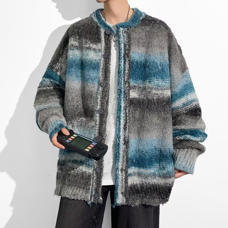 Contrast Color Sweater Hong Kong Style Trendy Baggy Coat Men's And Women's Fashion Casual Knitted Cardigan Top