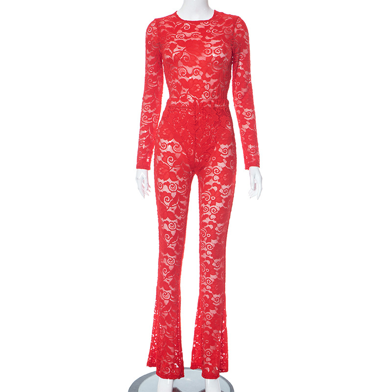 Title 4, Lace Hollow Out See-through Jumpsuit Trousers Suit