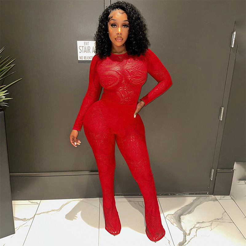 Title 7, Lace Hollow Out See-through Jumpsuit Trousers Suit