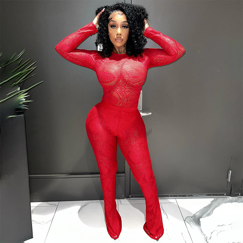 Title 9, Lace Hollow Out See-through Jumpsuit Trousers Suit