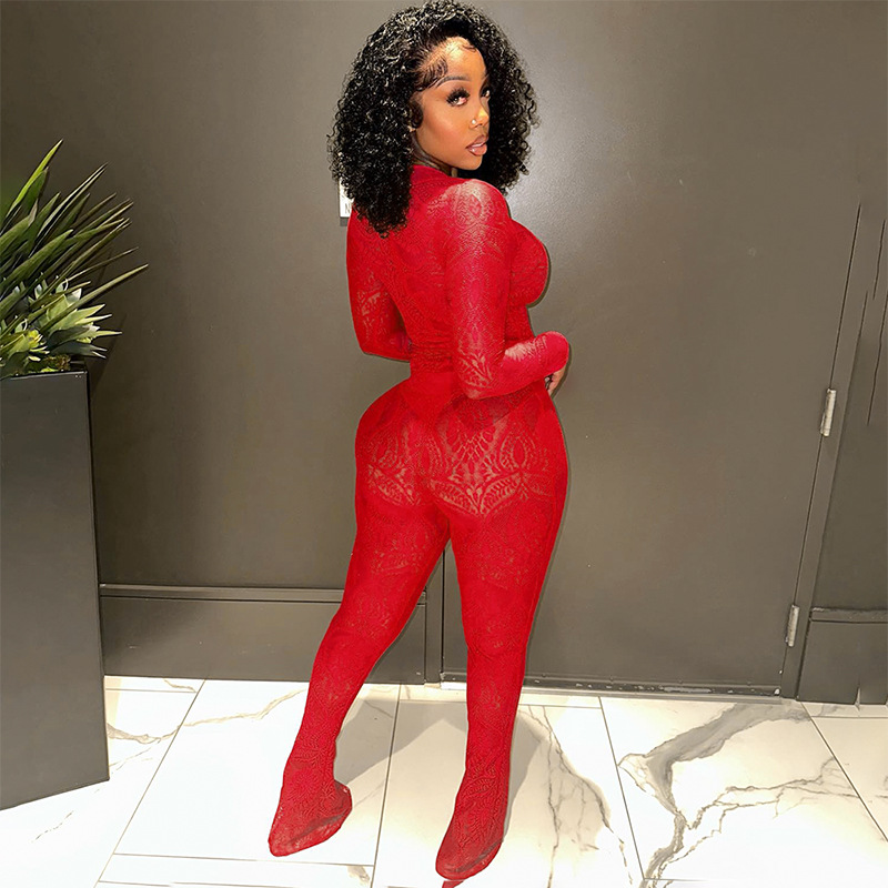 Title 13, Lace Hollow Out See-through Jumpsuit Trousers Suit