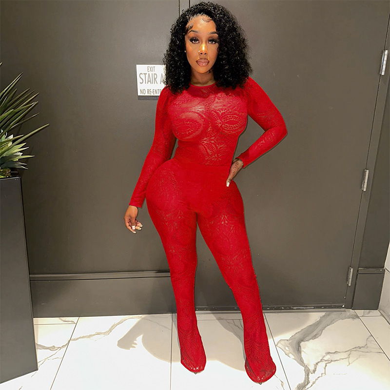 Title 18, Lace Hollow Out See-through Jumpsuit Trousers Suit