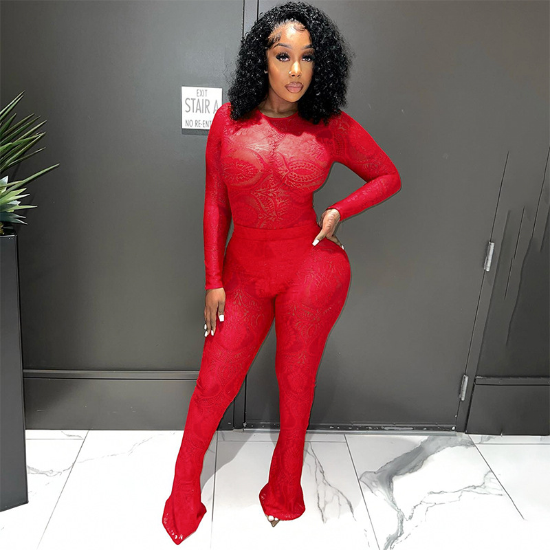 Title 22, Lace Hollow Out See-through Jumpsuit Trousers Suit