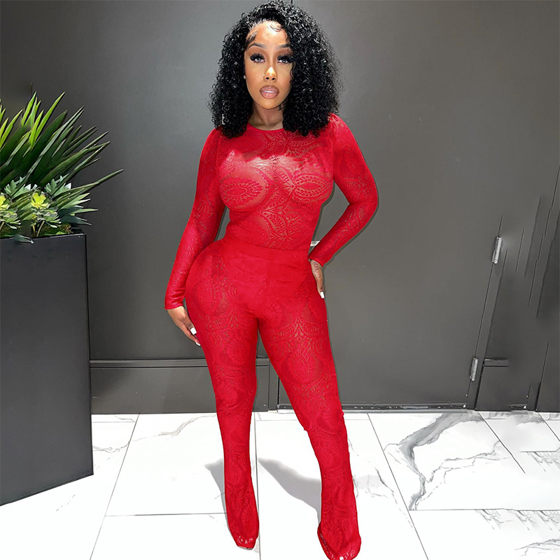 Title 23, Lace Hollow Out See-through Jumpsuit Trousers Suit