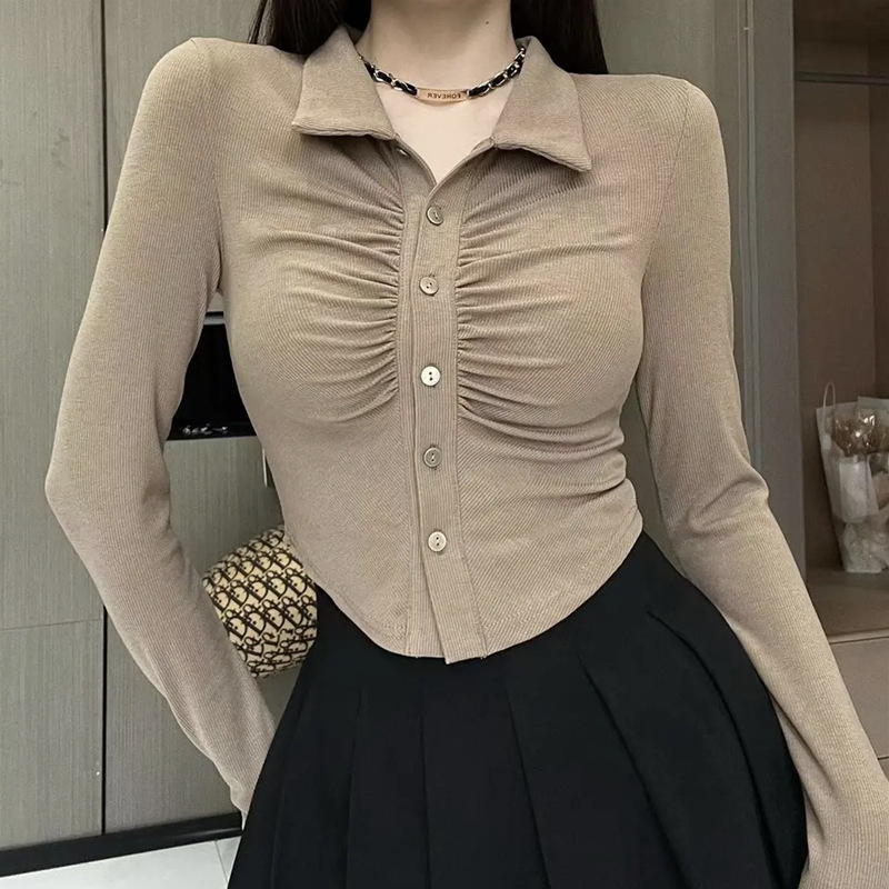 Elegant Pure Desire Polo Collar Pleated Slim Fit All-match Long Sleeve Early Autumn Short Bottoming Shirt