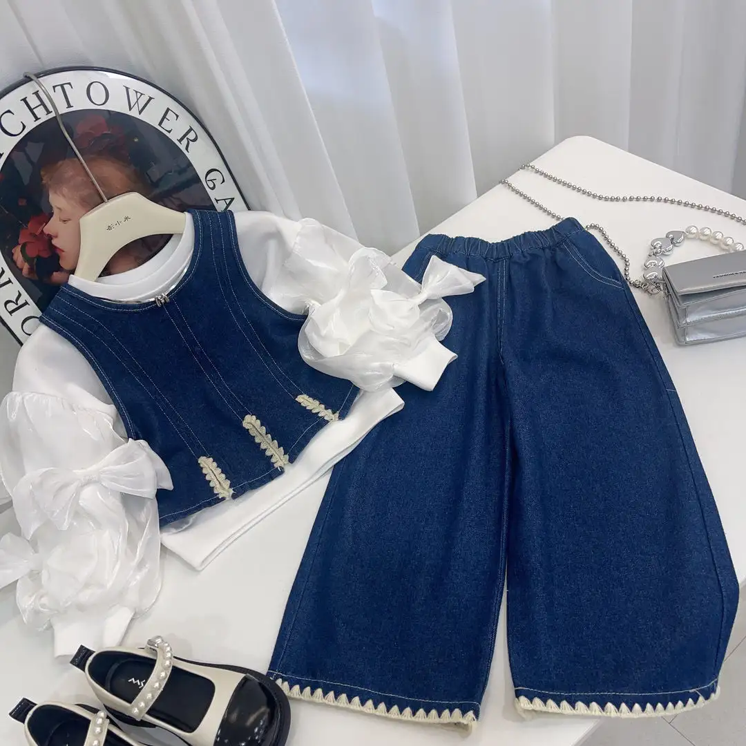 Children's T-shirt Vest Wide Leg Pants Three-piece Set Female Treasure Korean Style