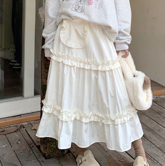 Sweet Elastic High Waist Slimming Wooden Ear Cake Dress Autumn Ruffled Skirt