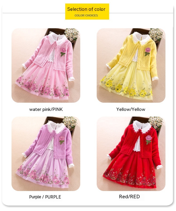 Girls' Dress Two-piece Spring Long-sleeved Sweater Princess Dress - Image 2