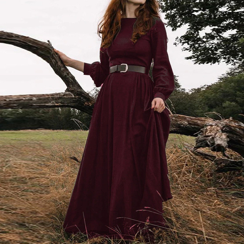 Solid Color Round Neck Long Sleeve Mid-length Dress Women
