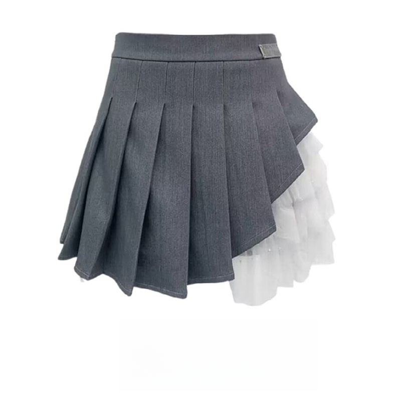 Irregular Mesh Stitching High Waist A- Line Pleated Skirt Summer New Women's Clothing Design Sense Niche